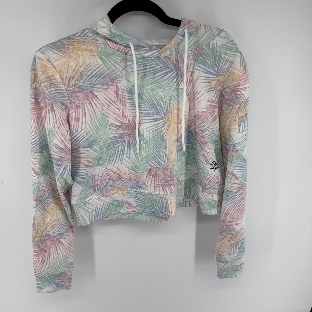 Reel Life Womens Tropical Palm Print Cropped Hoodie Pastel Multi Color Small